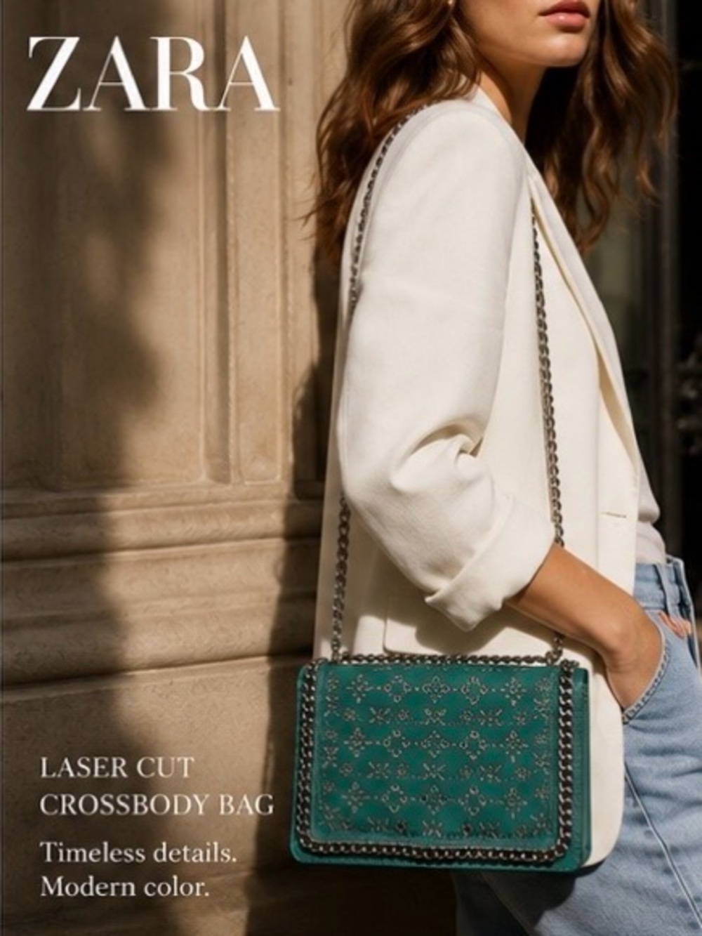 ZARA Green Laser-Cut Crossbody Bag with Chain Strap